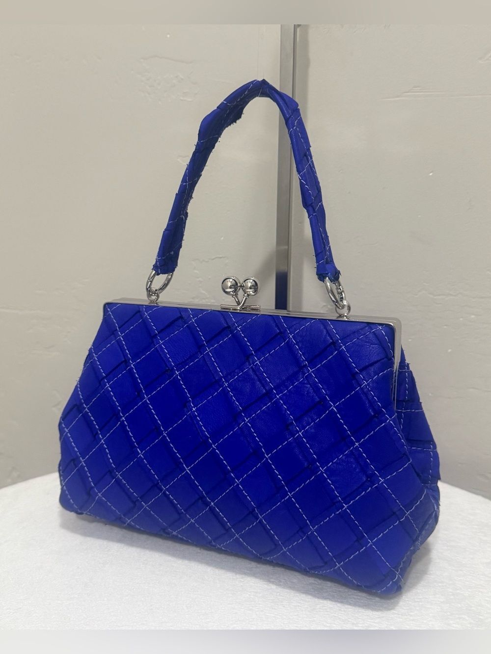 Blue Genuine Woven Leather Kisslock Frame Boxy Bag, Crossbody